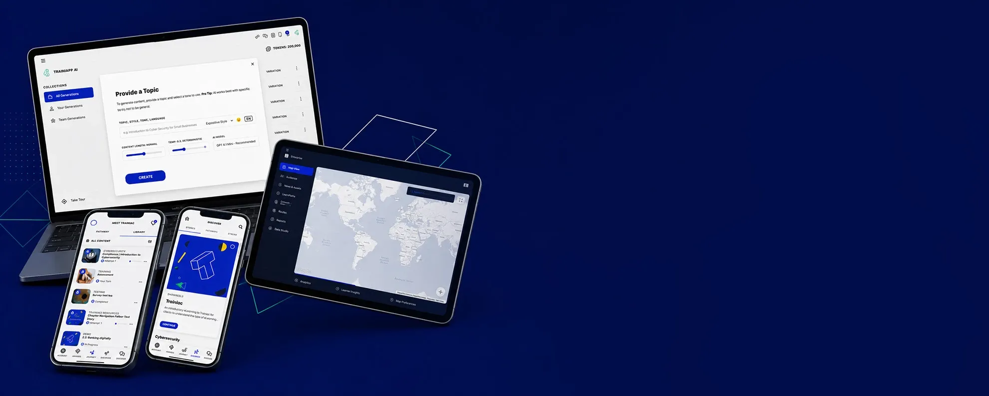 Trainiapp shown across laptop, tablet, and mobile