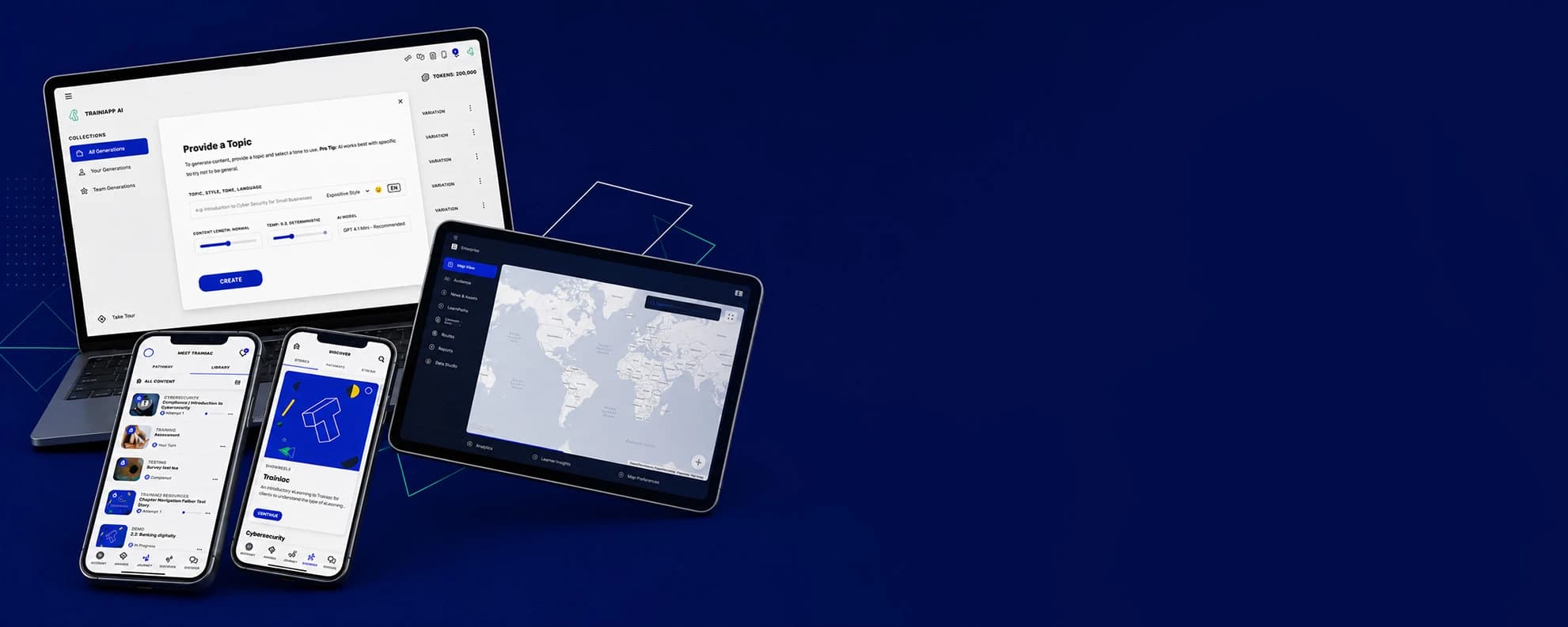Trainiapp shown across laptop, tablet, and mobile
